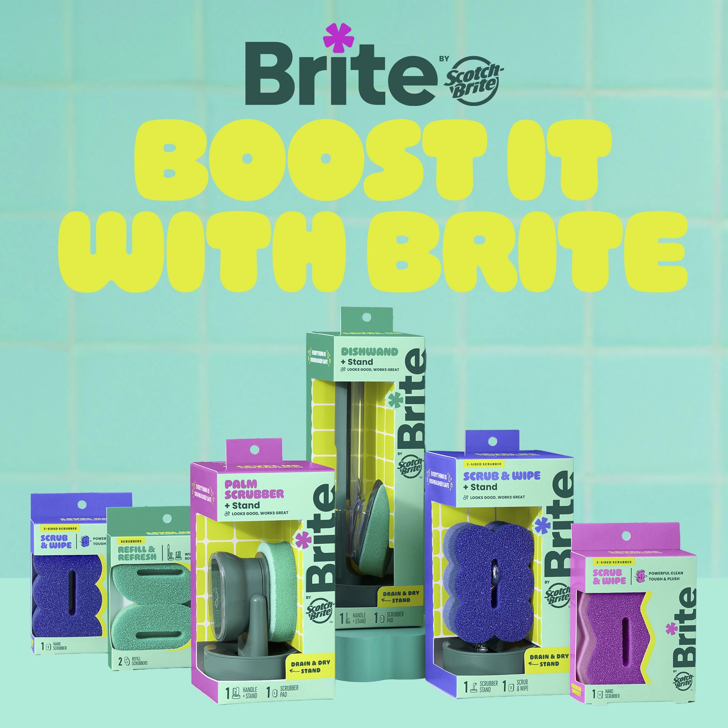 Brite by Scotch-Brite Cleaning Kit, Includes Fillable Dishwand with Drain + Dry Stand,Palm Scrubber with Drain + Dry Stand & Refill Sponges - Image 11