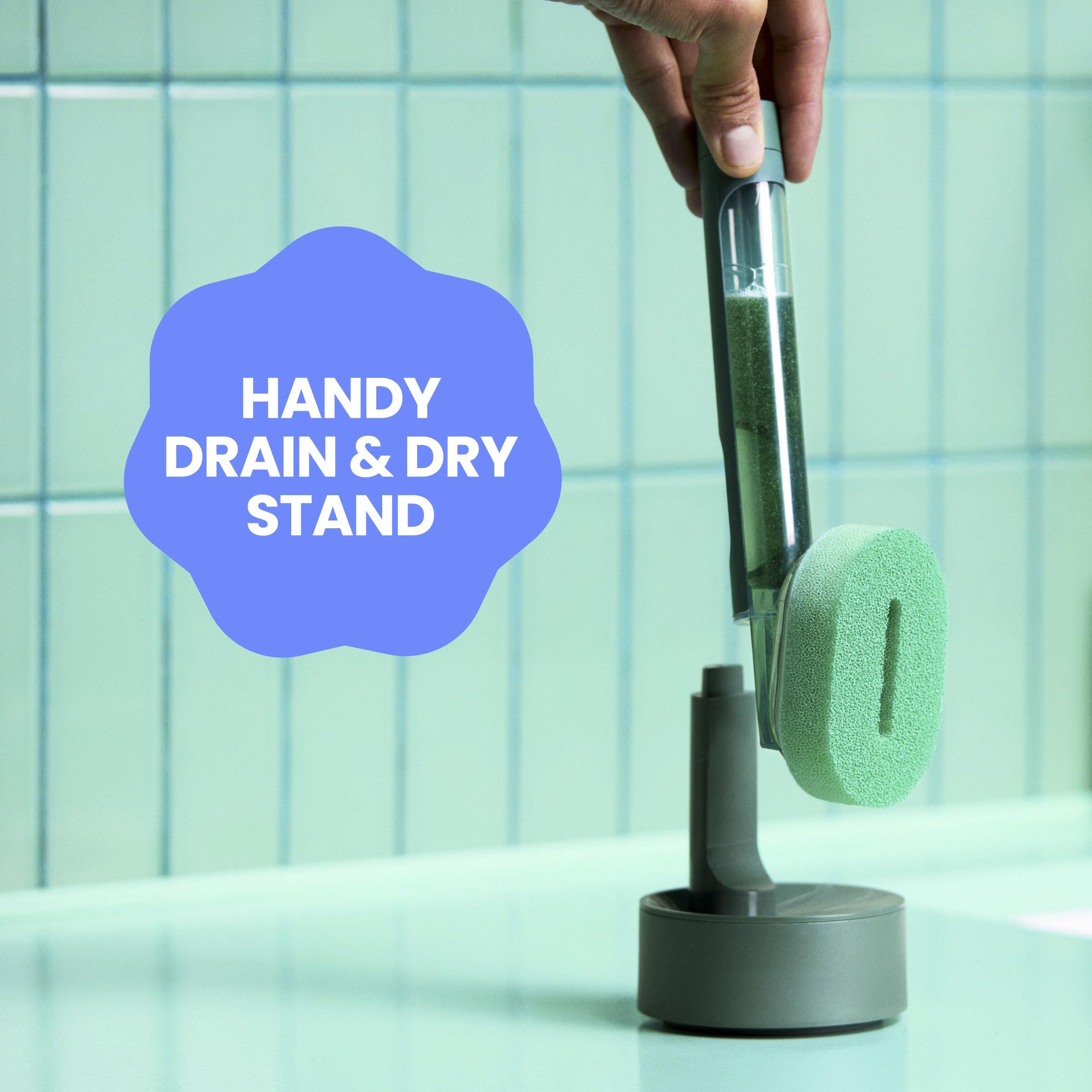 Brite by Scotch-Brite Fillable Dishwand with Drain + Dry Stand, Household and Kitchen Sponge for Washing Dishes, 1 Dish Wand with Soap Dispenser - Image 7