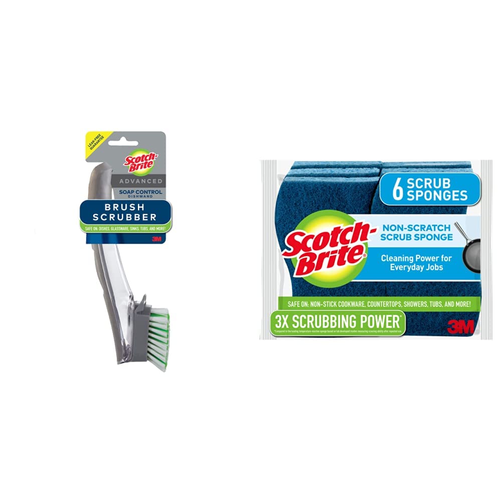 Scotch-Brite Advanced Soap Control Dishwand Brush Scrubber & Non-Scratch Scrub Sponges, for Washing Dishes and Cleaning Kitchen, 6 Scrub Sponges