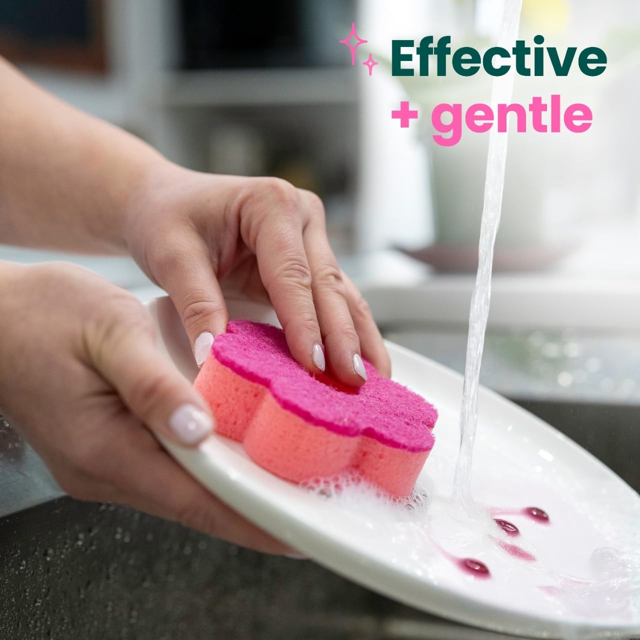 Scotch-Brite Brite Blooms Extra Gentle Scrub Sponge, Dishwasher-Safe Kitchen Sponge for Cleaning Delicate Surfaces, Pink Spring Flower Dish Sponges Made with 100% Recycled Fibers - Image 3