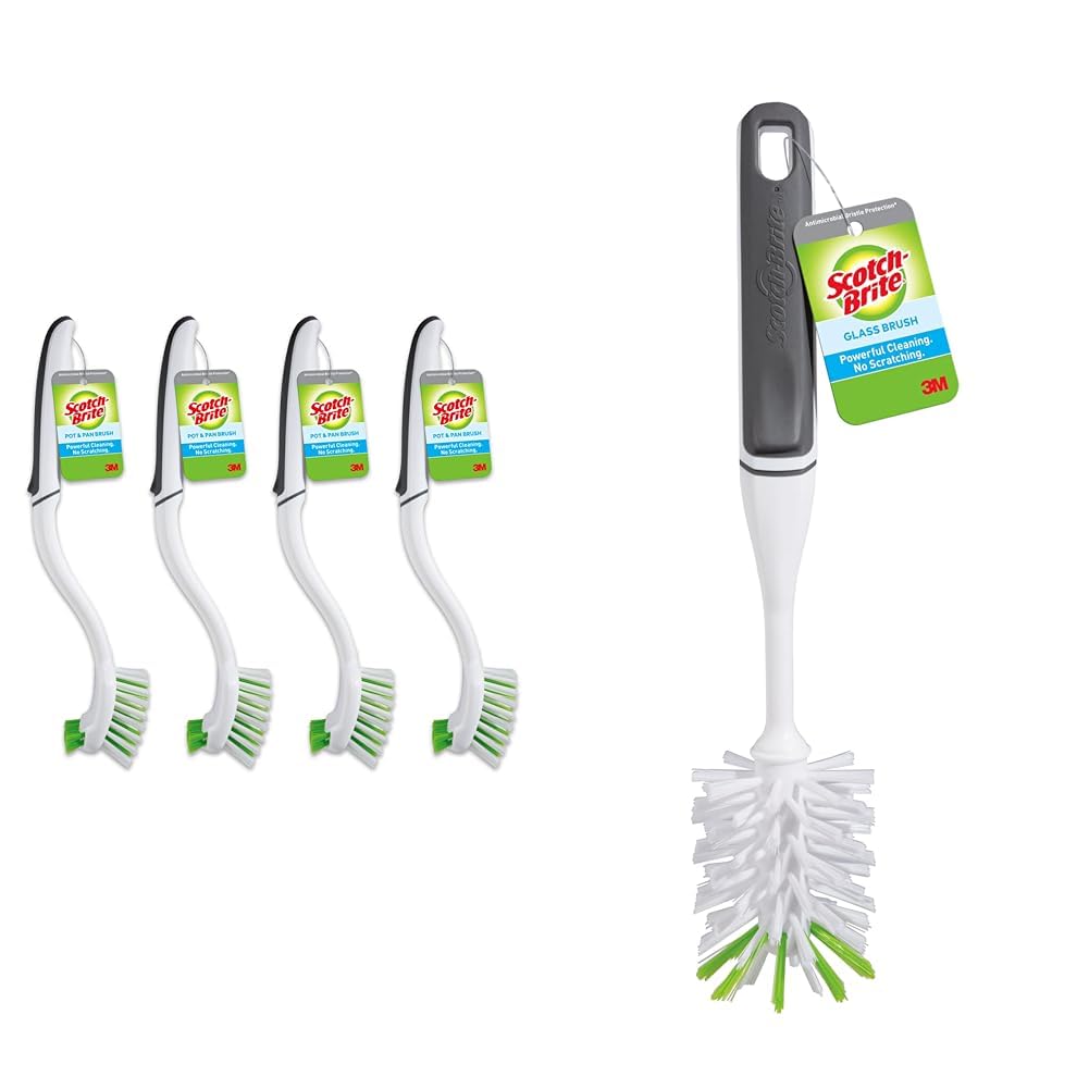 Scotch-Brite Dish Brush, 4 Pack, Green, Plastic Handle & Bristles, Safe for Cookware & More, Reusable, Glass & Water Bottle Brush