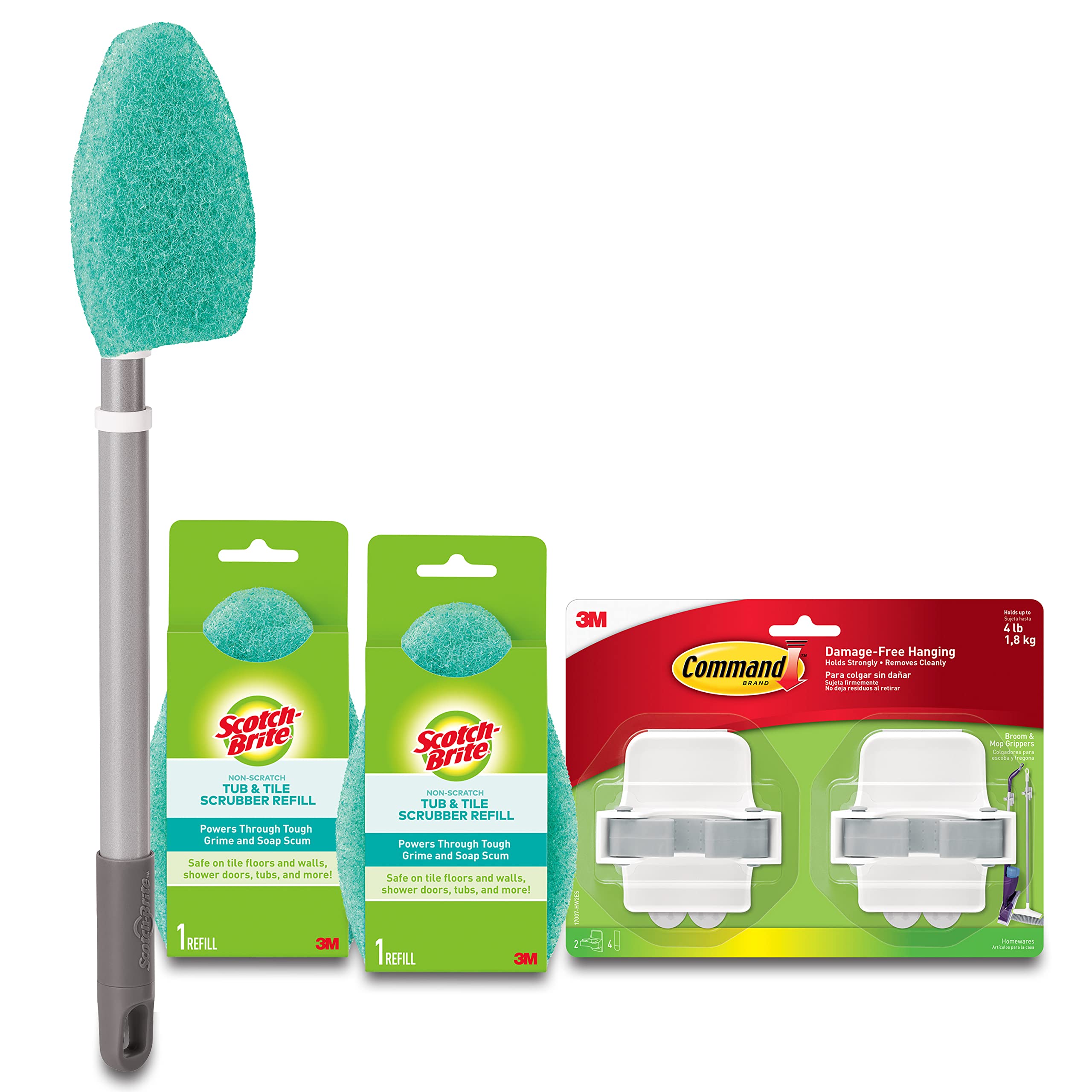 Scotch-Brite Extendable Tub & Tile Scrubber Kit, Includes 1 Handle and 3 Non-Scratch Scrubber Pads + Command Broom and Mop Grippers, 2-Grippers, 4-Strips