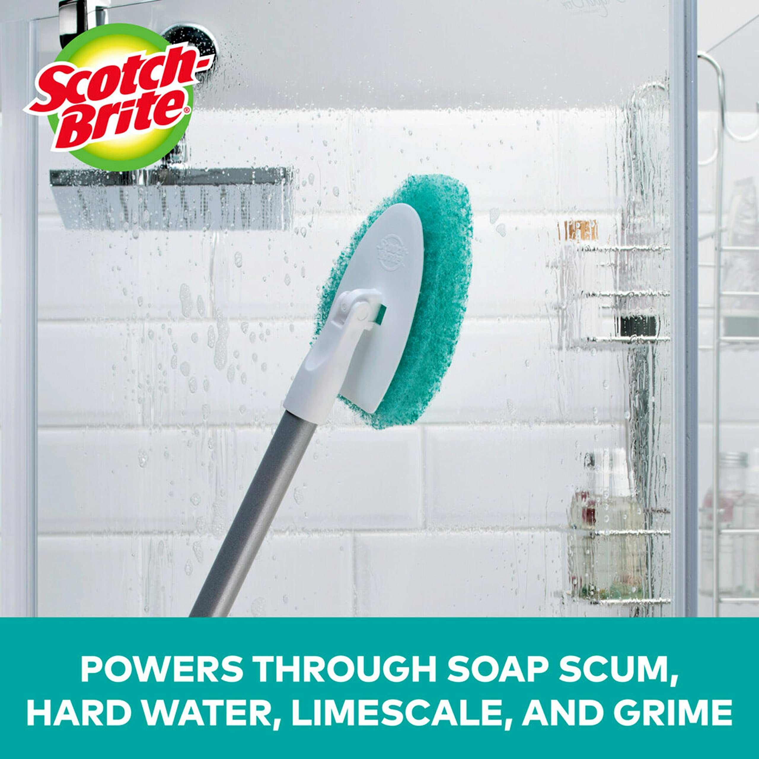 Scotch-Brite Extendable Tub & Tile Scrubber Kit, Includes 1 Handle and 3 Non-Scratch Scrubber Pads + Command Broom and Mop Grippers, 2-Grippers, 4-Strips - Image 2