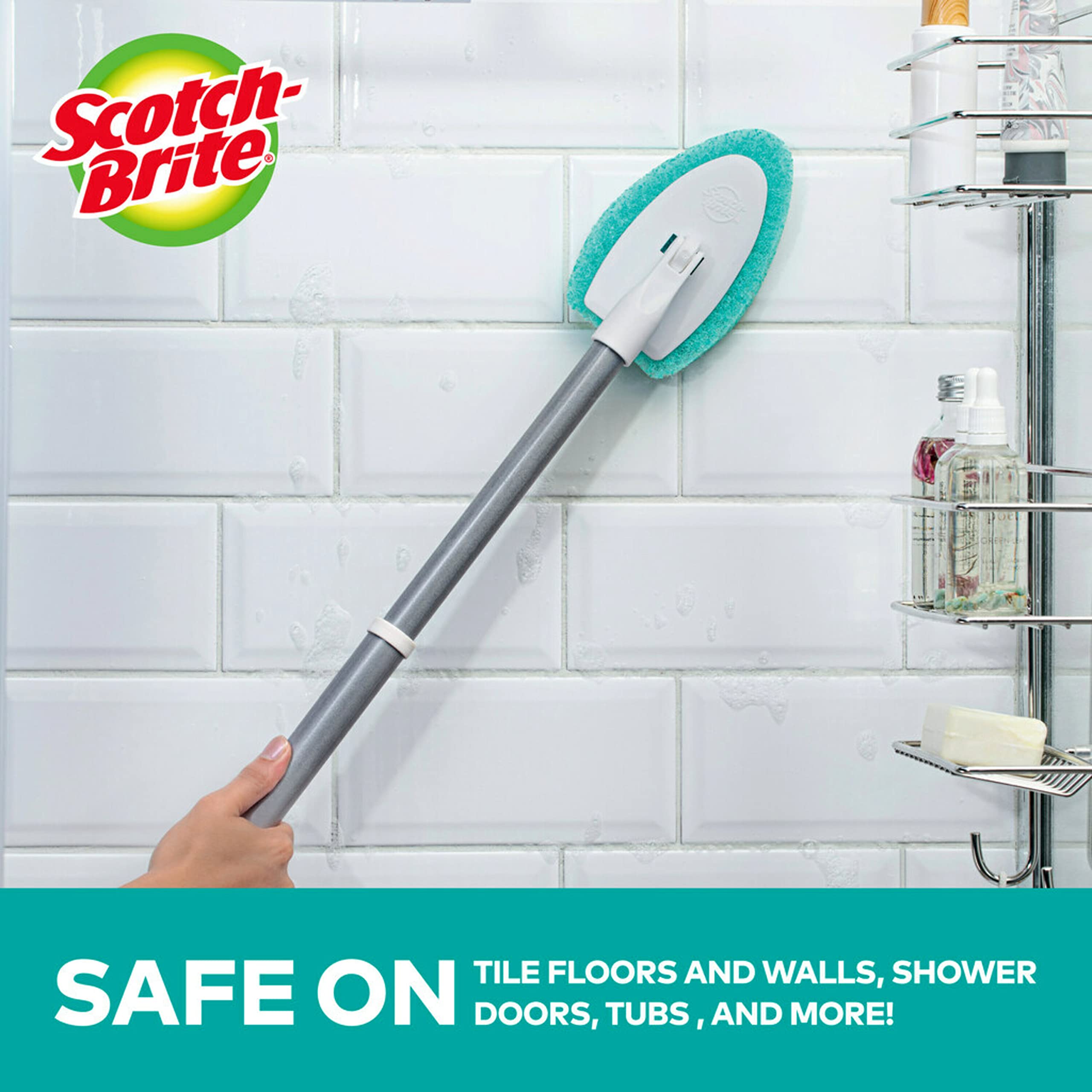 Scotch-Brite Extendable Tub & Tile Scrubber Kit, Includes 1 Handle and 3 Non-Scratch Scrubber Pads + Command Broom and Mop Grippers, 2-Grippers, 4-Strips - Image 4