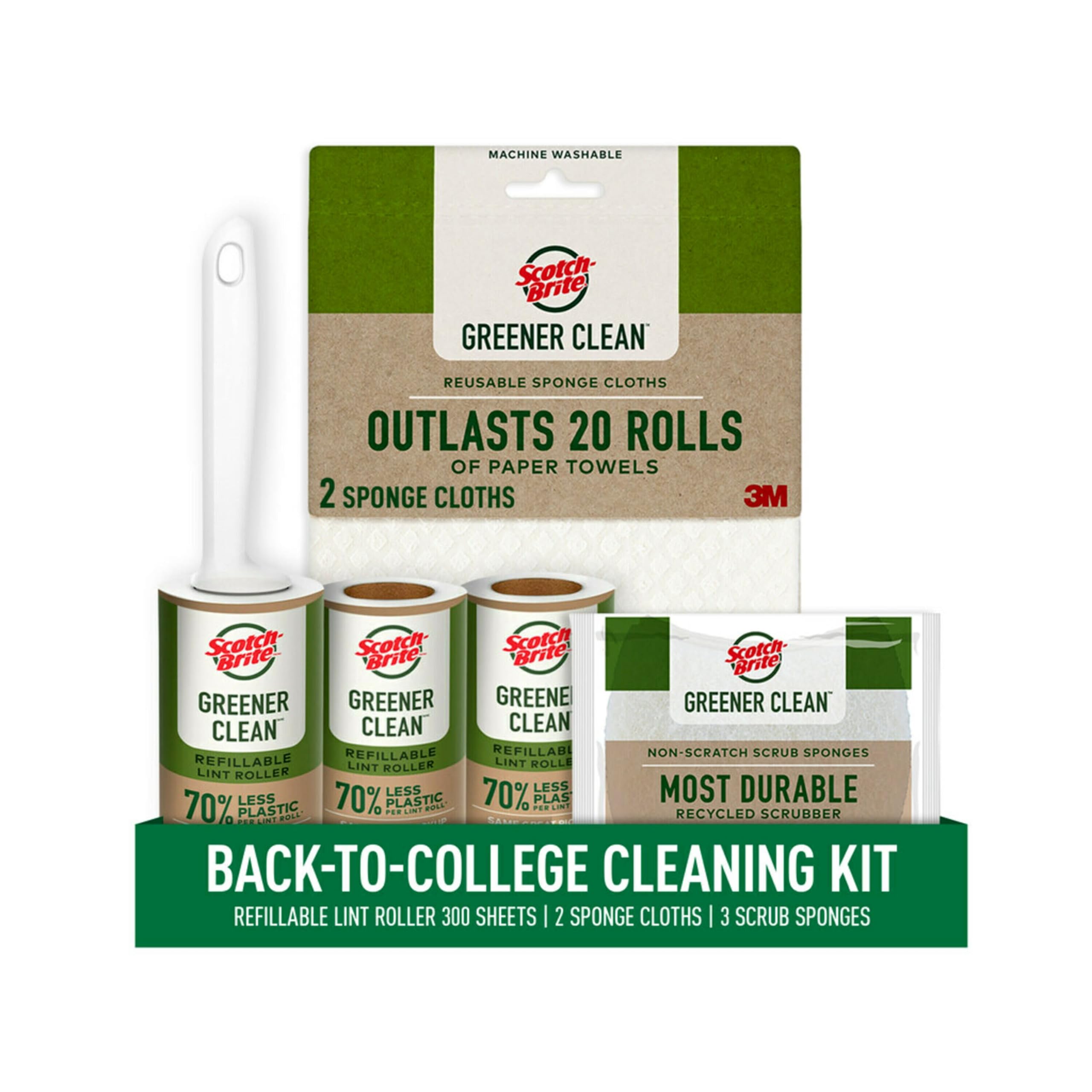 Scotch-Brite Greener Clean Lint Roller, Reusable Lint Rollers for Clothes, Furniture, and Pet Hair, Tidy Up Fabrics with a More Sustainable Fuzz Remover, 1 Roller, 2 Refills
