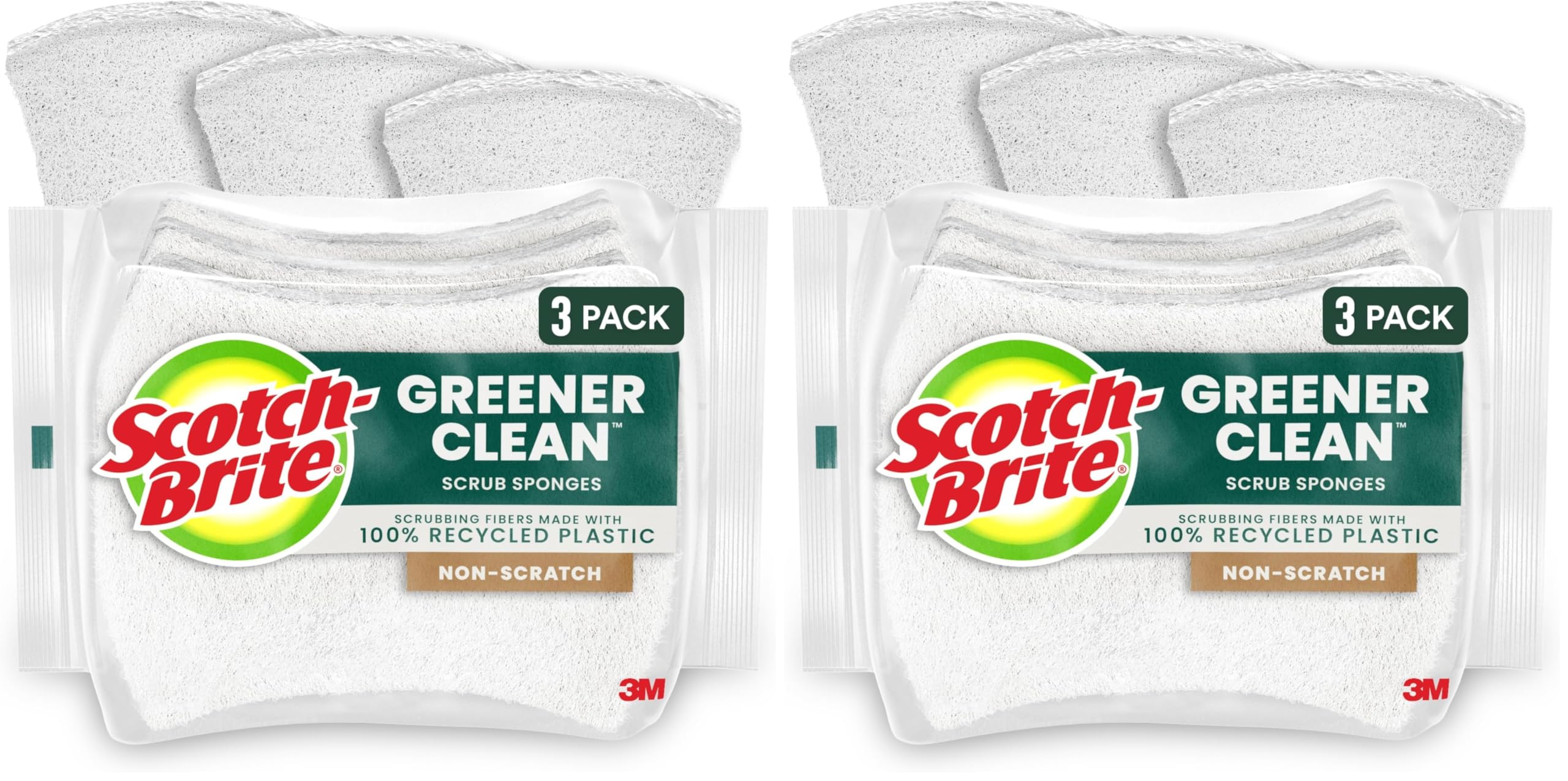 Scotch-Brite Greener Clean Non-Scratch Scrub Sponge, Sponge for Washing Dishes, Cleaning Kitchen, Superior Performance and Made with Sustainable Materials, Dishwasher Safe, 3 Scrub Sponges (Pack of 2)