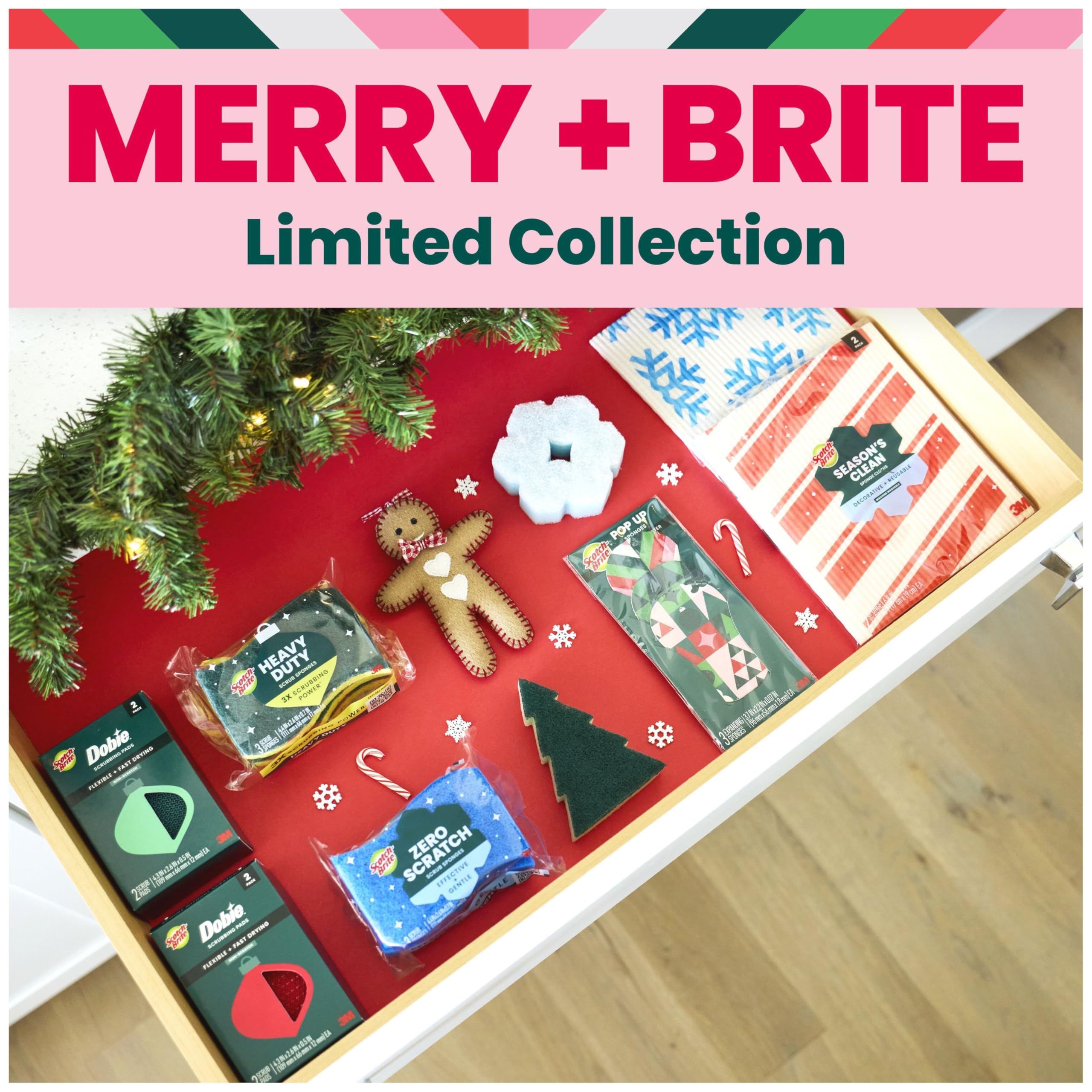 Scotch-Brite Merry + Brite Holiday Collection, 3 Pop-Up Sponges, 1 Heavy Duty Christmas Tree Sponge, 2 Scrubbing Pads, 1 Snowflake Sponge - Image 11