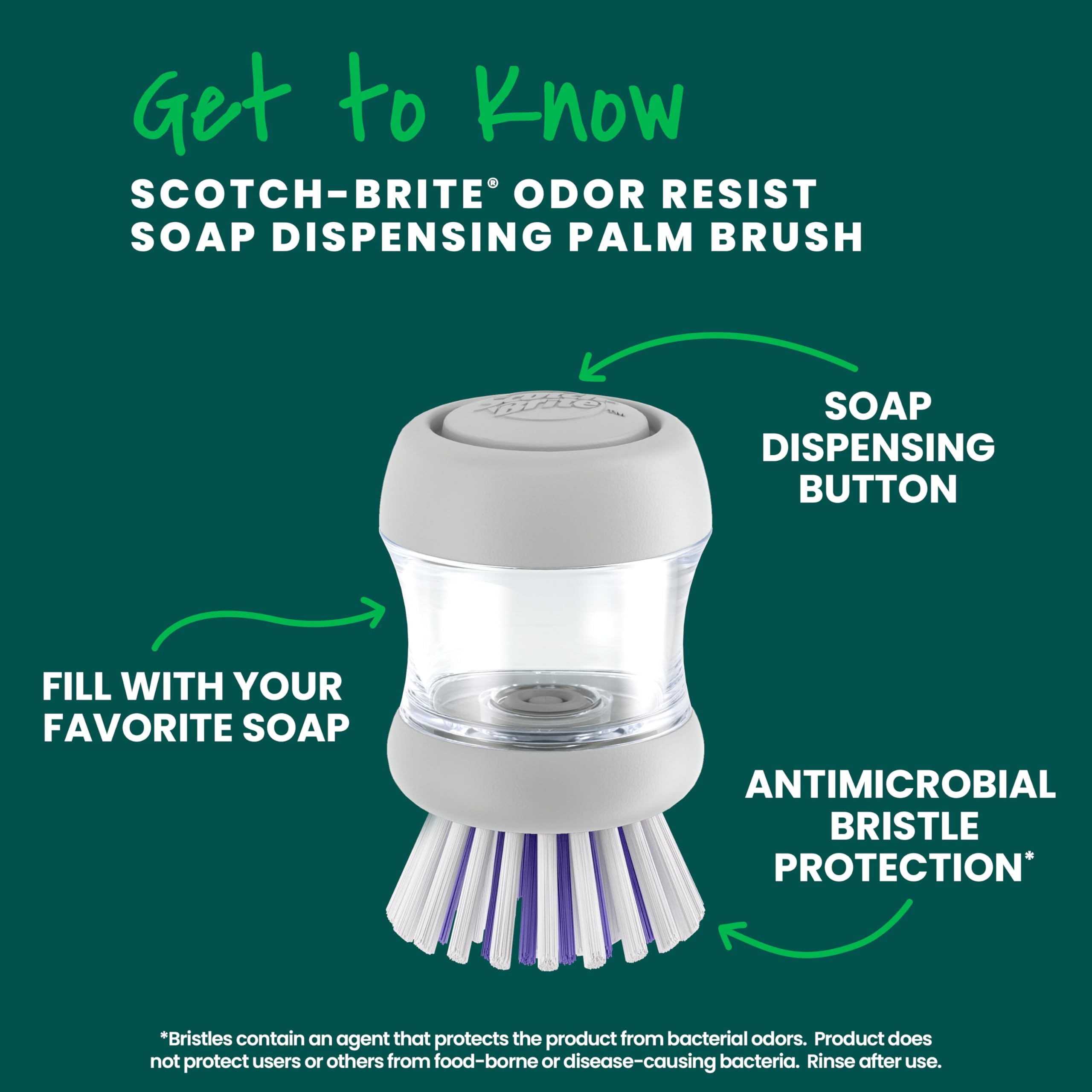 Scotch-Brite Odor Resist Soap Dispensing Palm Brush, Reusable Scrub Brushes for Cleaning Cookware, Bathtubs, and Showers without Scratching, Antimicrobial and Rinses Clean - Image 3