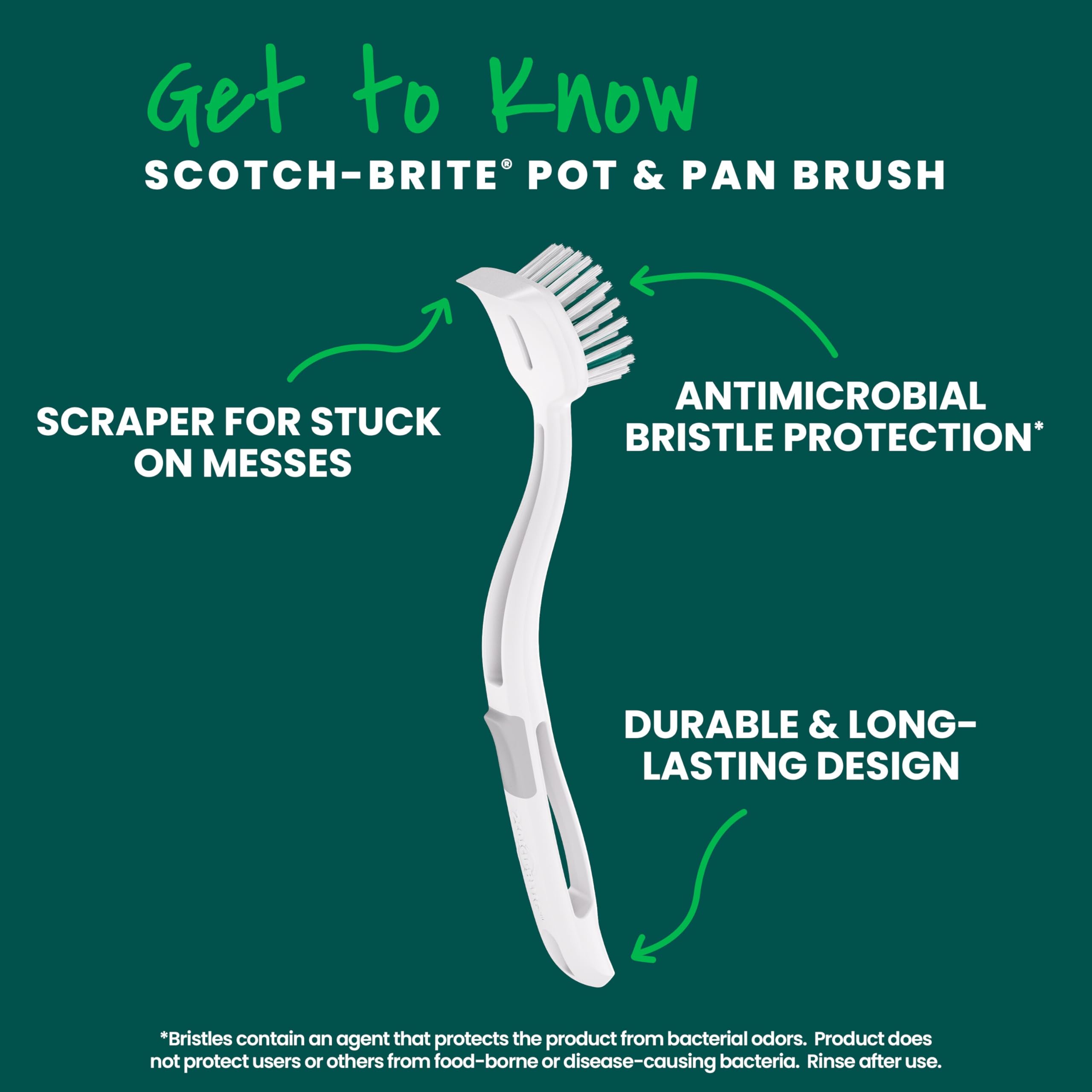 Scotch-Brite Pot + Pan Brush, Durable and Long Lasting Dish Brush with Handle for Scrubbing Stainless Steel, Outdoor Furniture, and Sinks without Scratching, Antimicrobial, and Rinses Clean - Image 3