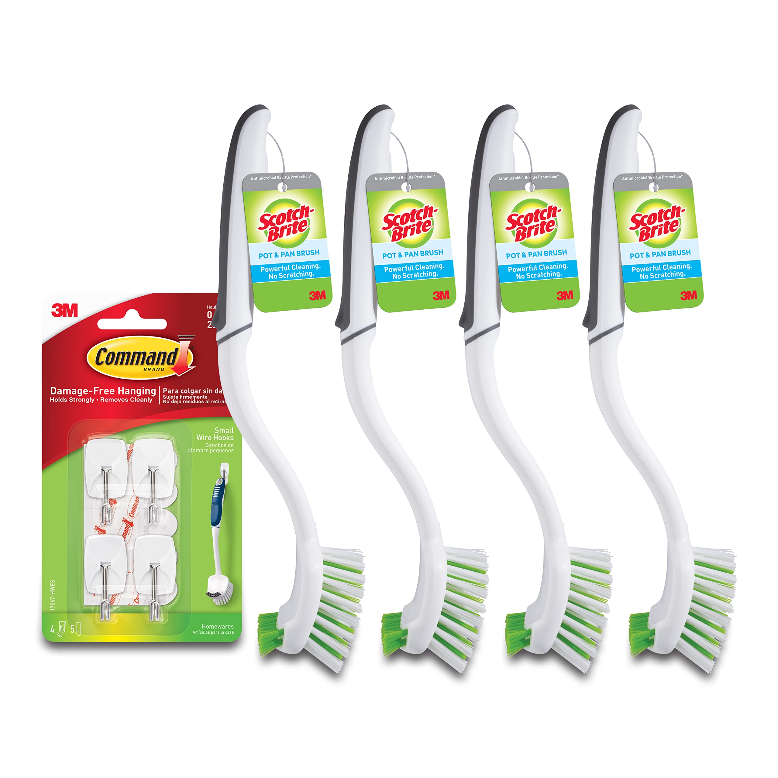 Scotch-Brite Pot Pan & Dish Brush (4 Count) + Command Small Wire Hooks, White (4 Hooks, 5 Strips)