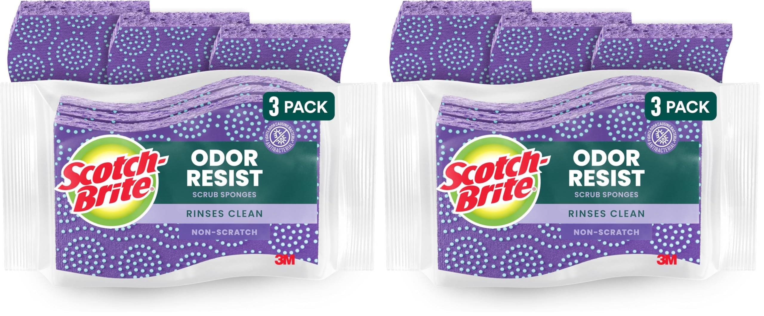Scotch-Brite Scrub Dots Non-Scratch Scrub Sponge, Rinses Clean, for Washing Dishes and Cleaning Kitchen, 3 Scrub Sponges (Pack of 2)