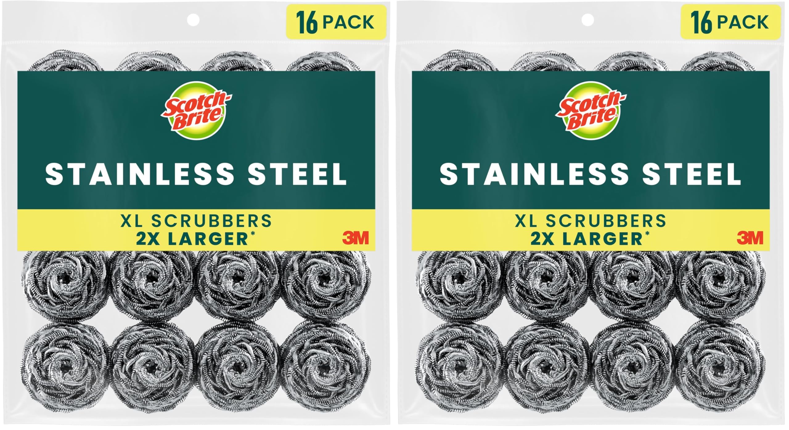 Scotch-Brite Stainless Steel Scrubbers, Durable, Ideal for Uncoated Cookware, 16 Scrubbers (Pack of 2)